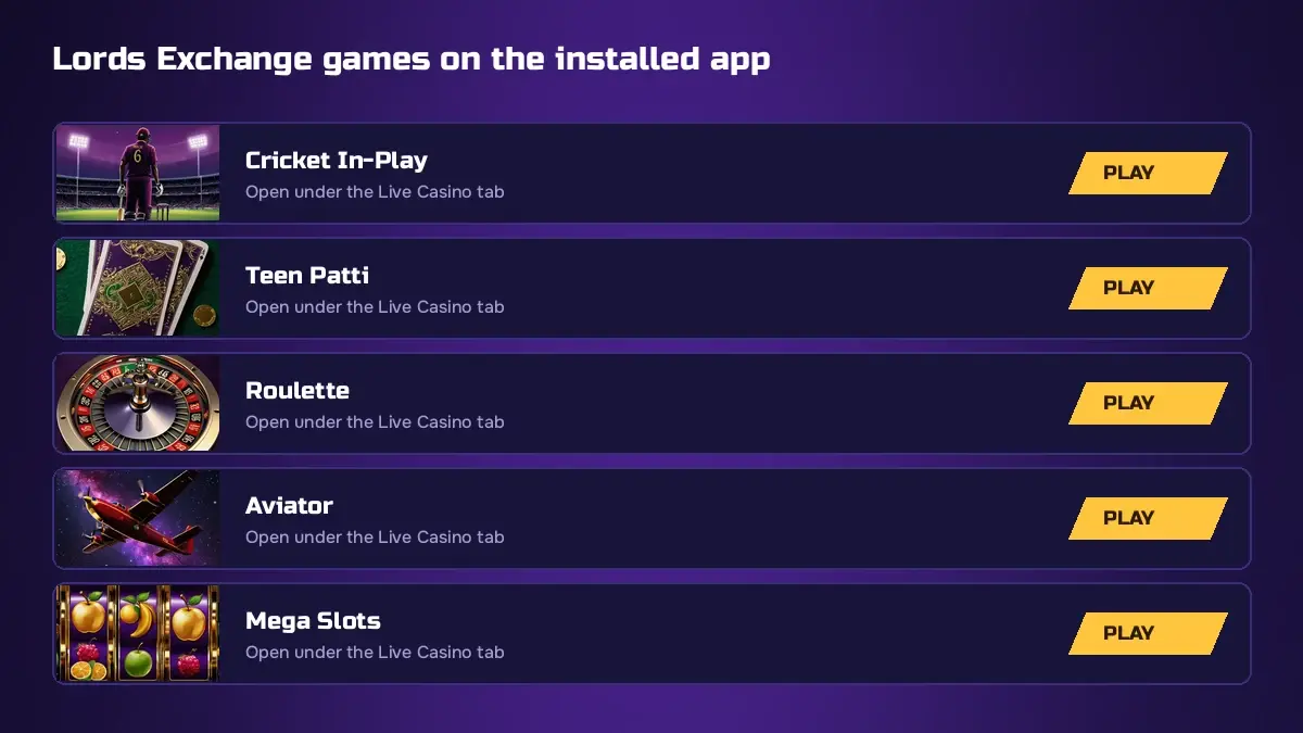 Lords Exchange app game tiles showing Teenpatti, crash rounds, slots and live dealer tables