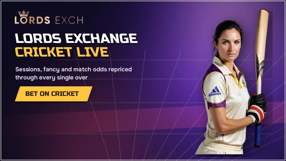 Lords Exchange cricket board with live match odds and session lines under the Exchange tab