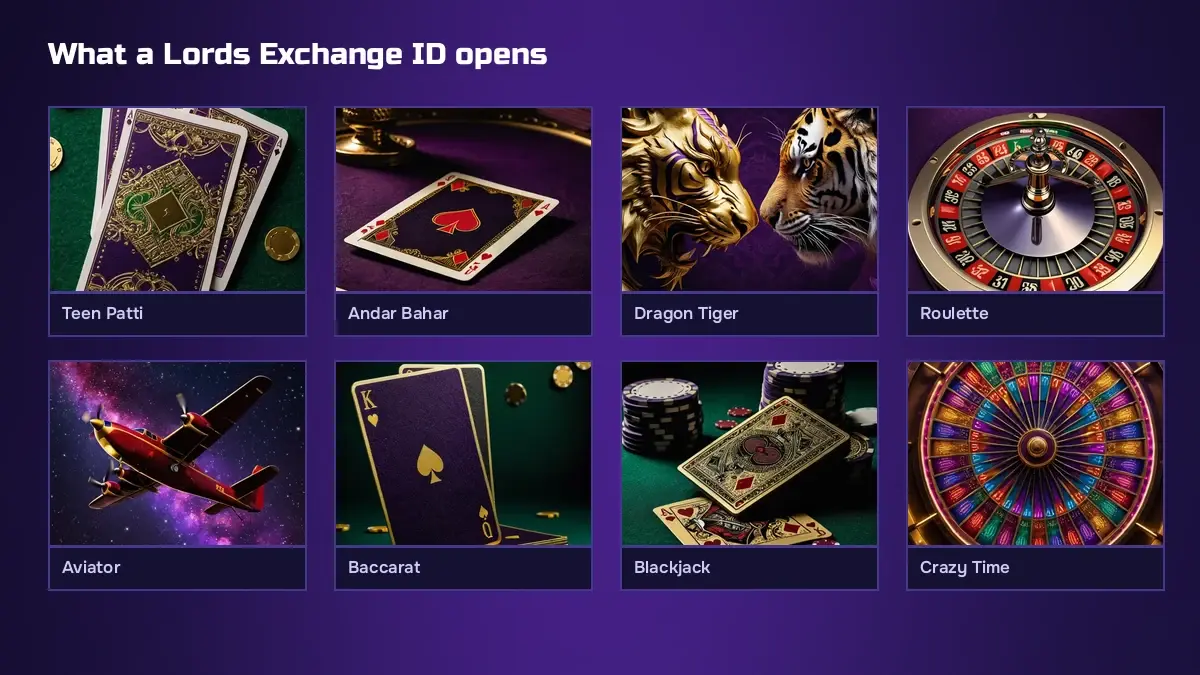 Game tiles a Lords Exchange ID opens: Teenpatti, dealer tables, crash rounds and cricket markets